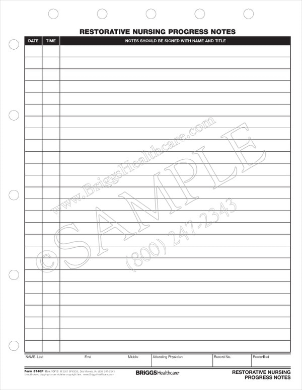 Restorative Nurses Progress Notes Form